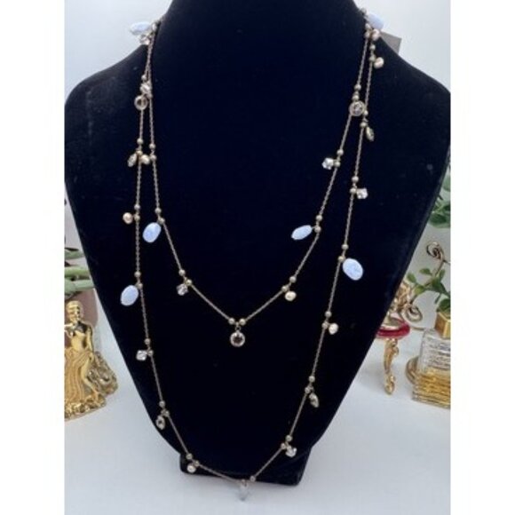 Liz Palacios S.F Blue Chalcedony Stone Golden Pearls Brown Crystal Long Necklace - Picture 1 of 9